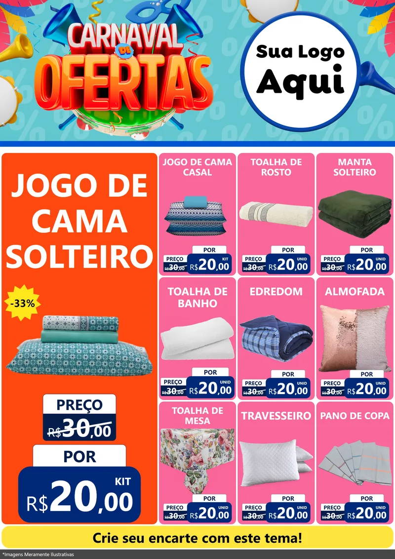 Modelo de Encarte para Encarte A4 Vertical com o tema Carnaval de Ofertas para Cama, Mesa e Banho