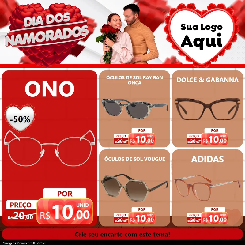 Modelo de Rede Social para Feed Facebook com o tema Dia dos Namorados para Óticas