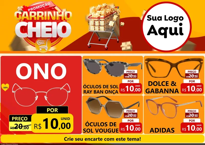 Modelo de Encarte para Encarte A4 Horizontal com o tema Promoção carrinho cheio para Óticas