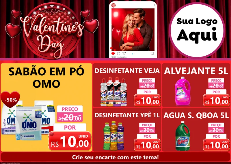 Modelo de Encarte para Encarte A4 Horizontal com o tema Valentine's Day para Produtos de Limpeza
