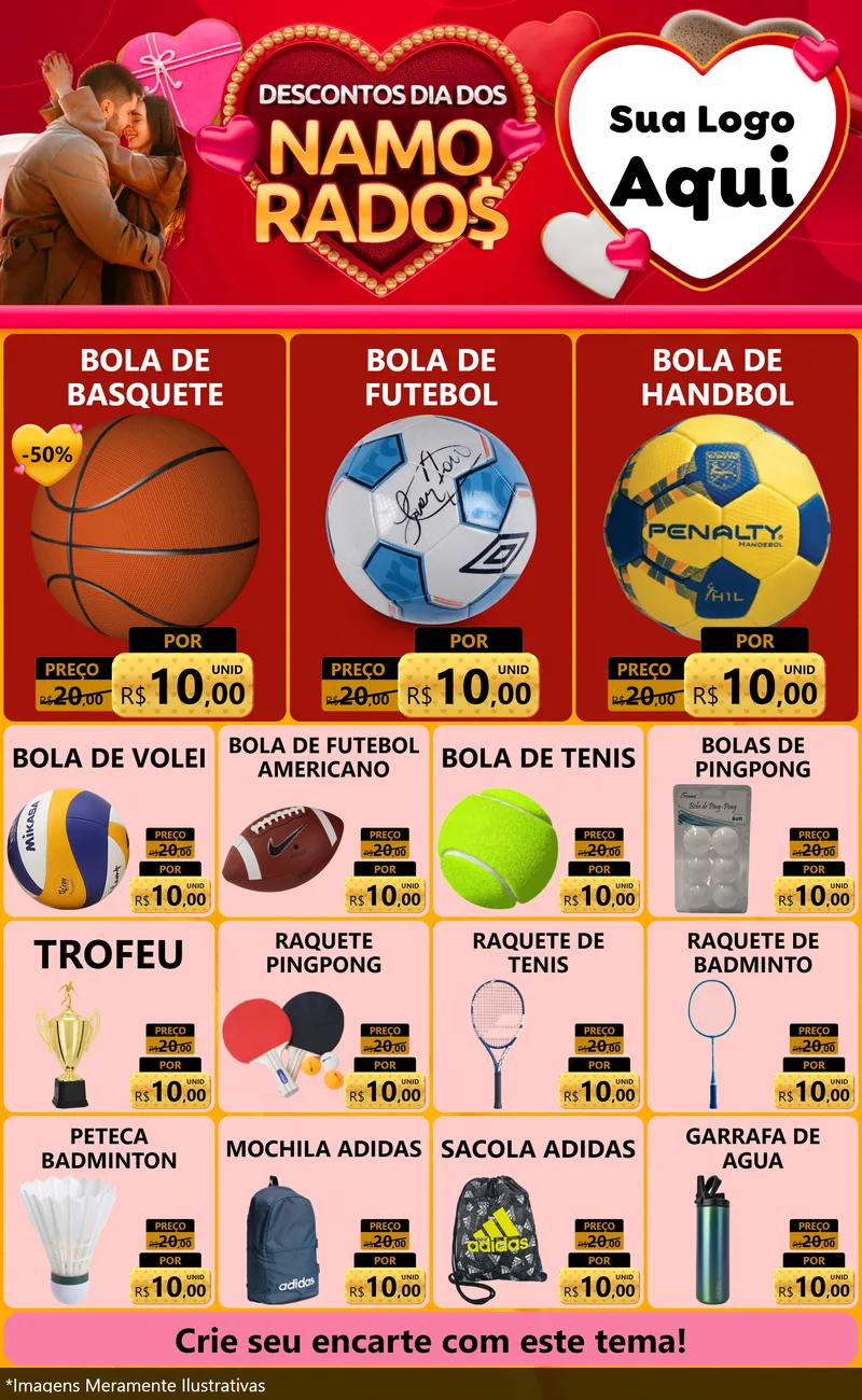 Modelo de Encarte para Encarte Grande com o tema Descontos Dia dos Namorados para Artigos Esportivos