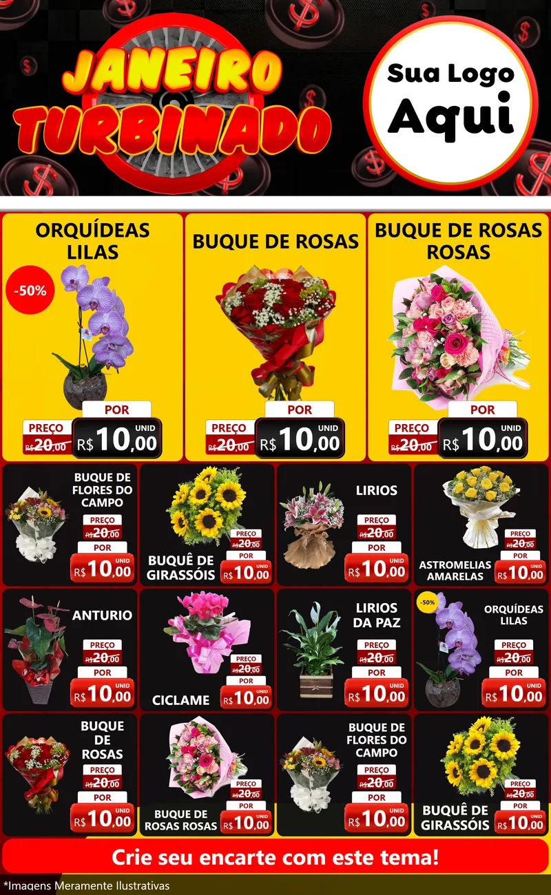 Modelo de Encarte para Encarte Grande com o tema Janeiro Turbinado para Floricultura e jardim