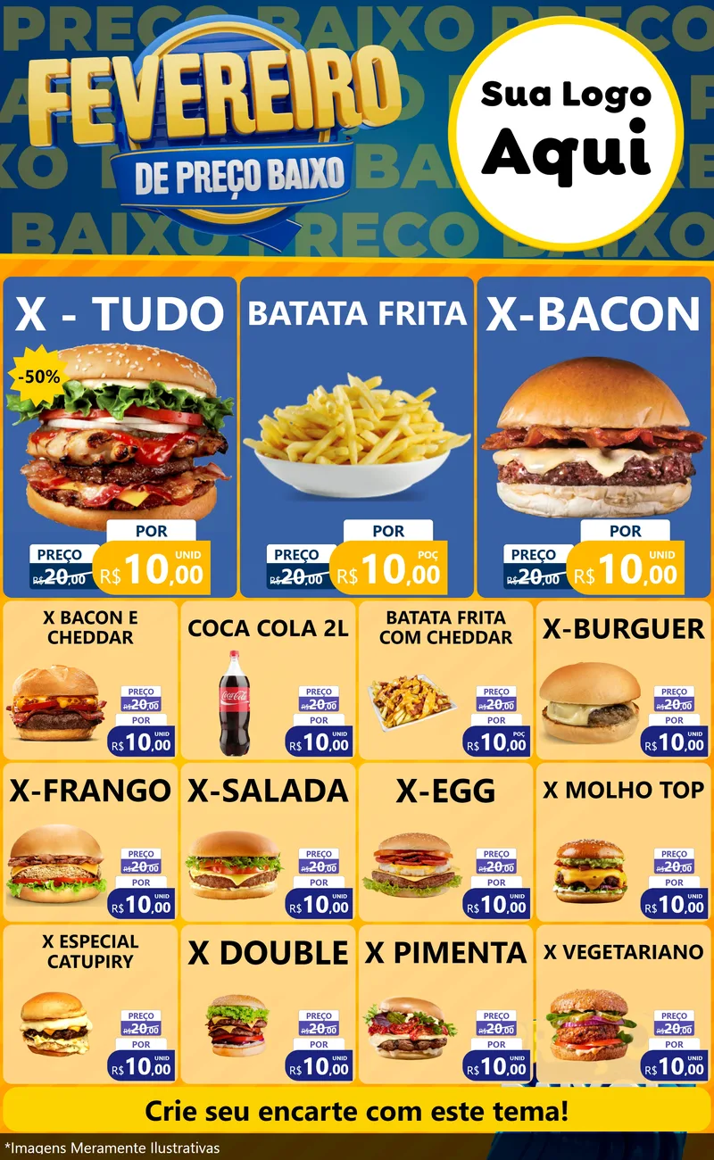 Modelo de Encarte para Encarte Grande com o tema Fevereiro de Preço Baixo para Hamburgueria