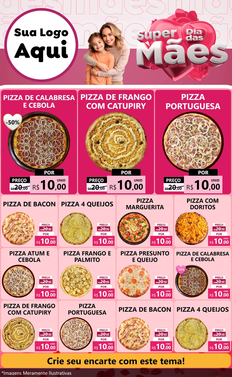Modelo de Encarte para Encarte Grande com o tema Super Dia Das Mães para Pizzaria