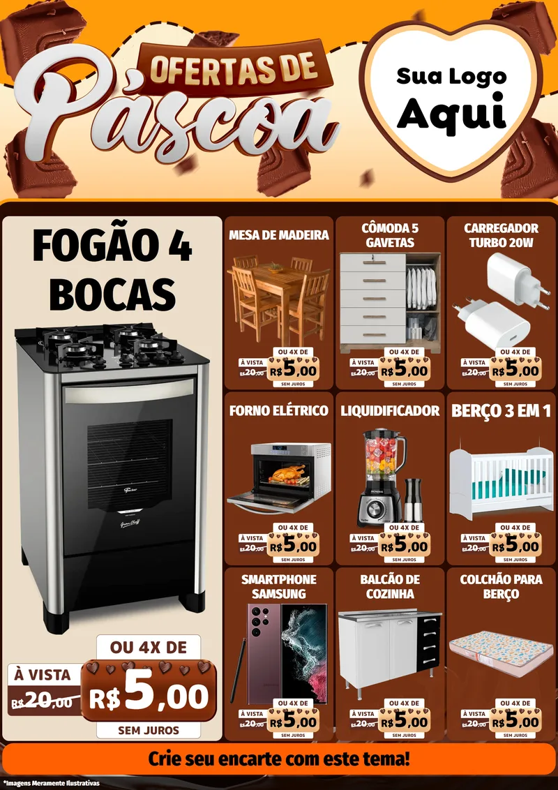 Modelo de Encarte para Encarte A4 Vertical com o tema Ofertas de Páscoa para Móveis e Eletro