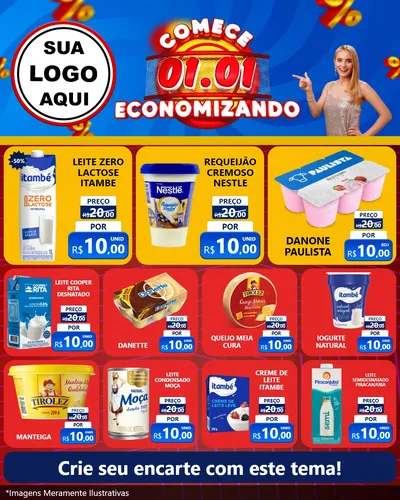 Modelo de Rede Social para Feed Instagram com o tema Comece 1º de Janeiro Economizando para Frios e Laticínios