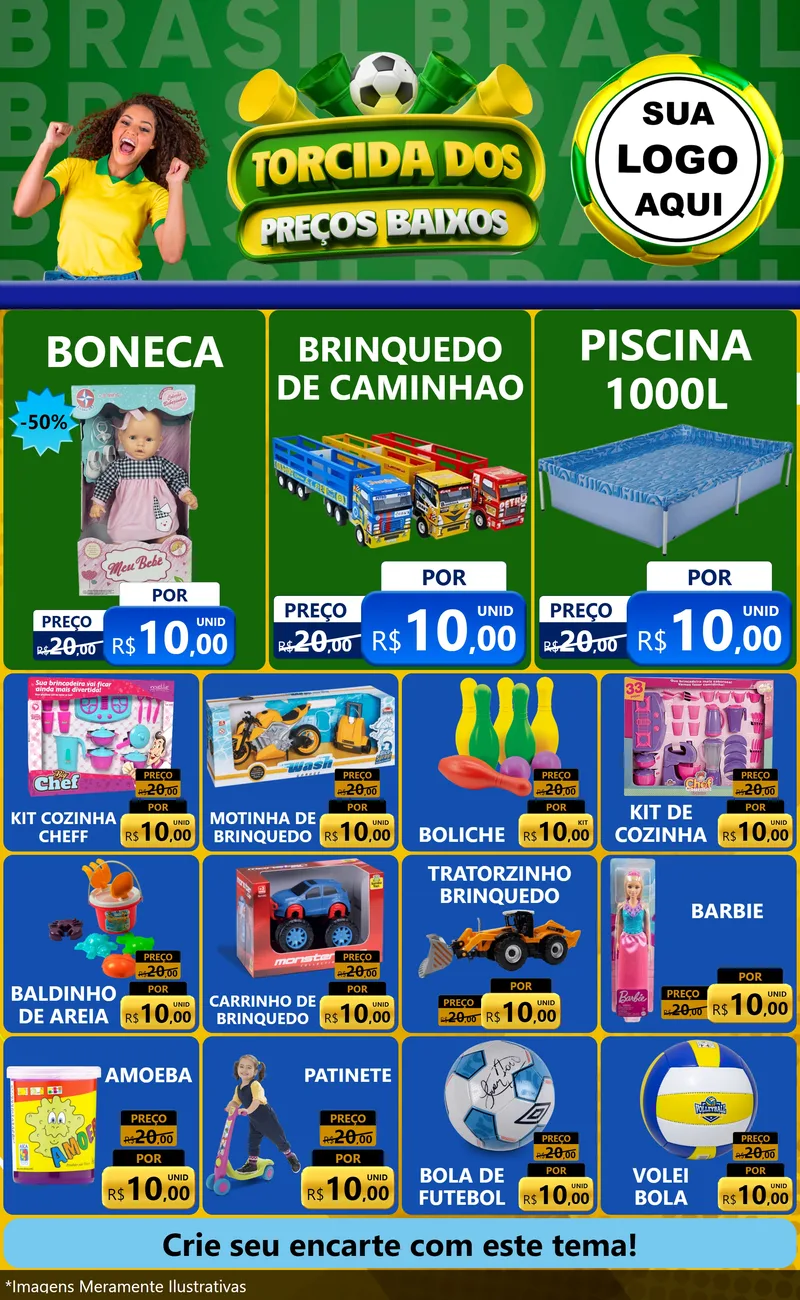 Modelo de Encarte para Encarte Grande com o tema Torcida dos Preços Baixos para Brinquedos