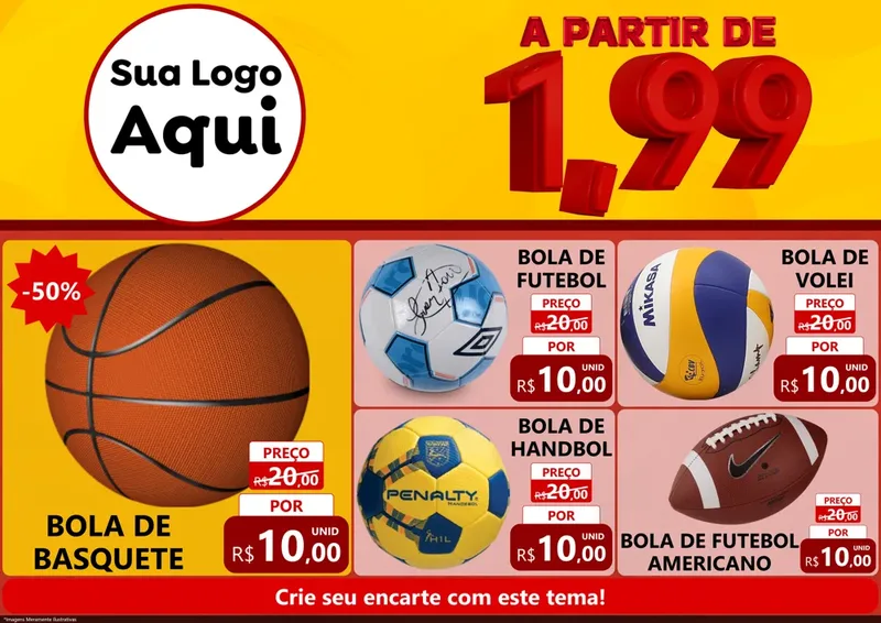 Modelo de Encarte para Encarte A4 Horizontal com o tema A Partir de Um e Noventa e Nove - 1,99 para Artigos Esportivos