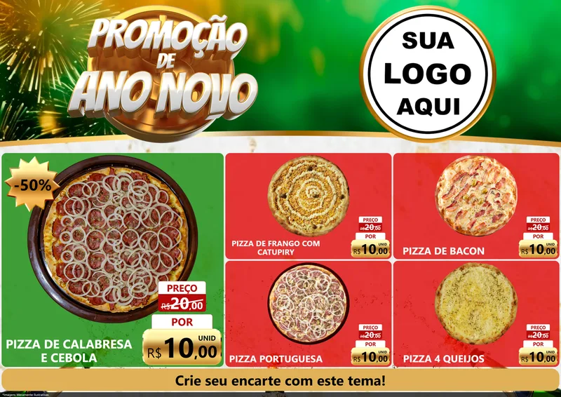 Modelo de Encarte para Encarte A4 Horizontal com o tema Promoção de Ano Novo para Pizzaria