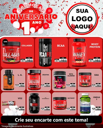 Modelo de Rede Social para Feed Instagram com o tema Promoção de Aniversário - 1 Ano para Suplementos alimentares