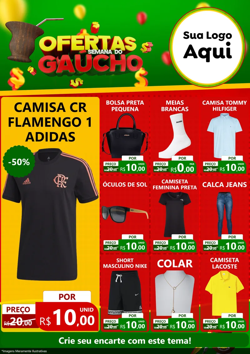 Modelo de Encarte para Encarte A4 Vertical com o tema Ofertas Semana Do Gaúcho para Roupas e acessórios