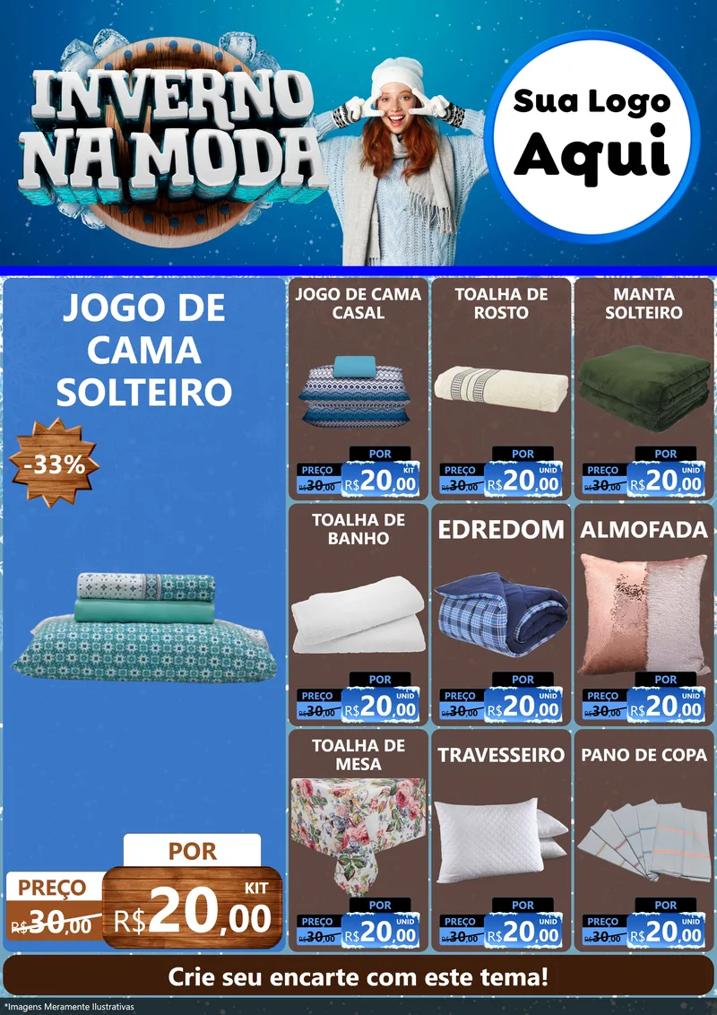 Modelo de Encarte para Encarte A4 Vertical com o tema Inverno na Moda para Cama, Mesa e Banho