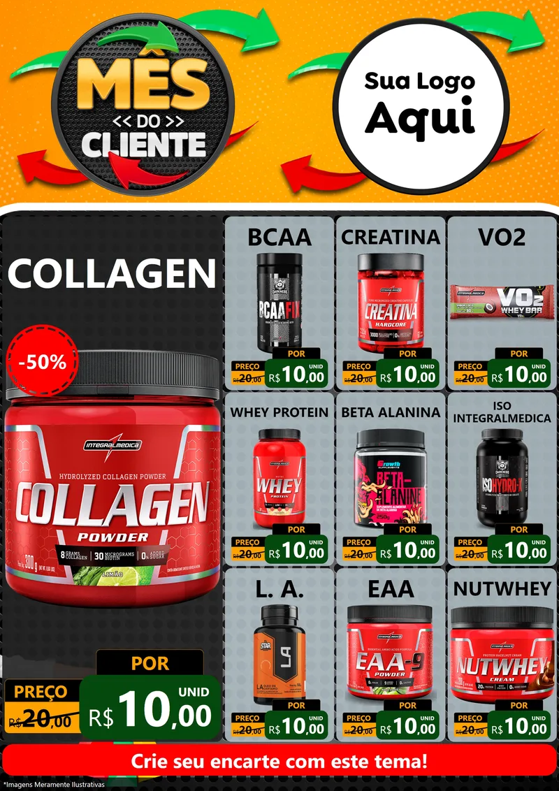 Modelo de Encarte para Encarte A4 Vertical com o tema Mês do Cliente para Suplementos alimentares