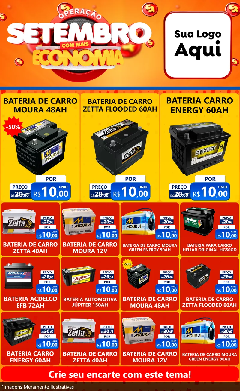 Modelo de Encarte para Encarte Grande com o tema Operação Setembro Com Muita Economia para Baterias Elétricas