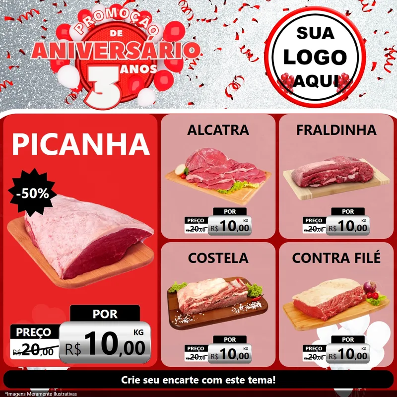 Modelo de Rede Social para Feed Facebook com o tema Promoção de Aniversário - 3 Anos para Açougue