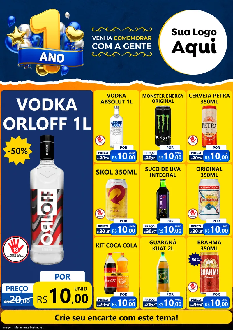 Modelo de Encarte para Encarte A4 Vertical com o tema Um Ano de Aniversário para Distribuidora de bebidas