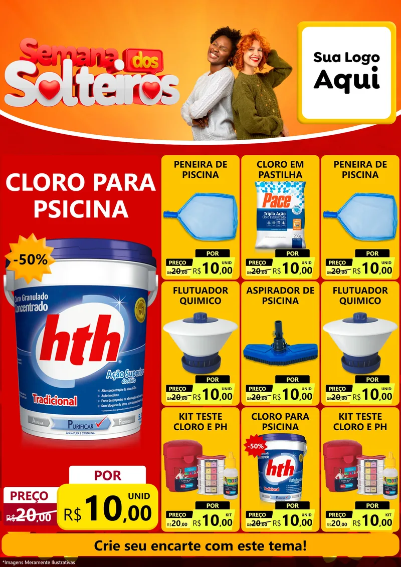 Modelo de Encarte para Encarte A4 Vertical com o tema Semana dos Solteiros para Produtos para Piscina