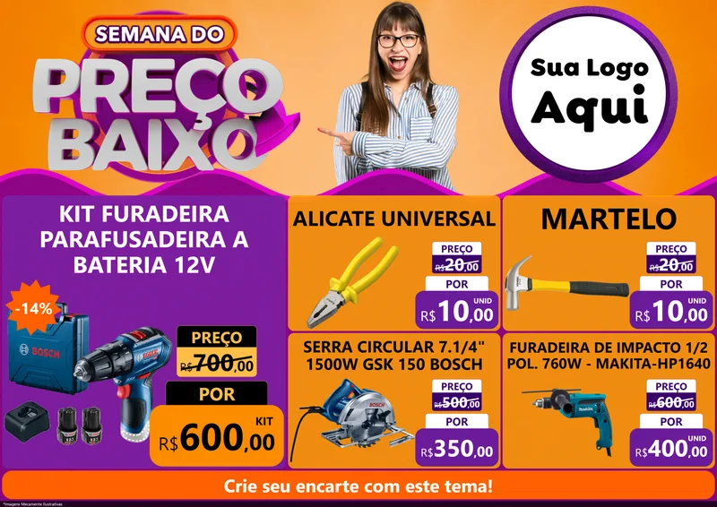 Modelo de Encarte para Encarte A4 Horizontal com o tema Semana do Preço Baixo para Maquinas e Ferramentas