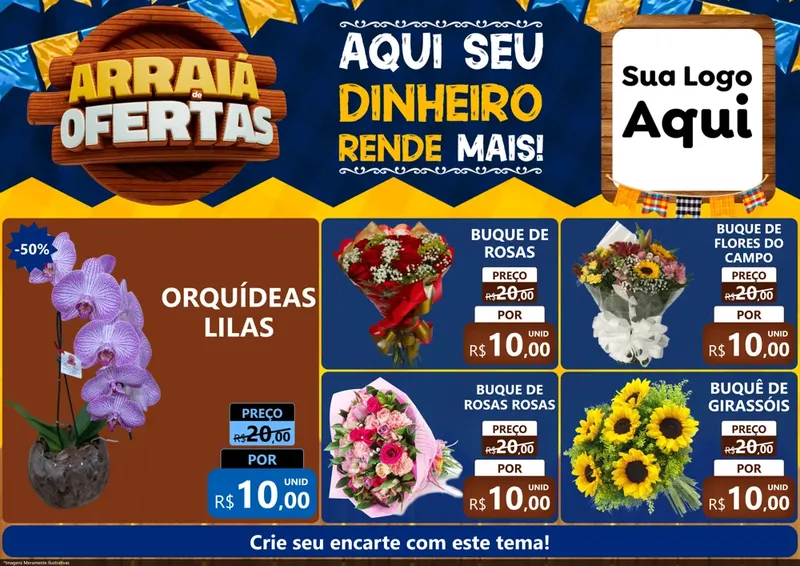 Modelo de Encarte para Encarte A4 Horizontal com o tema Arraiá de Ofertas - Junina para Floricultura e jardim