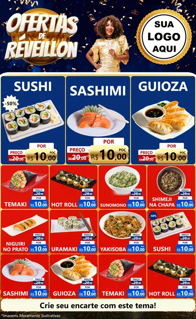Modelo de Encarte para Encarte Grande com o tema Ofertas de Réveillon para Comida japonesa