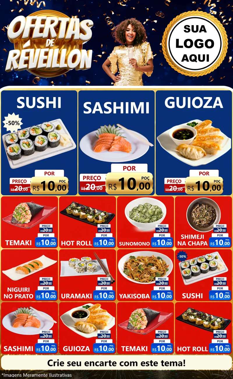 Modelo de Encarte para Encarte Grande com o tema Ofertas de Réveillon para Comida japonesa