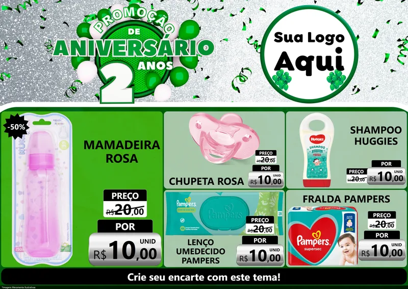Modelo de Encarte para Encarte A4 Horizontal com o tema Promoção de Aniversário - 2 Anos para Bebês