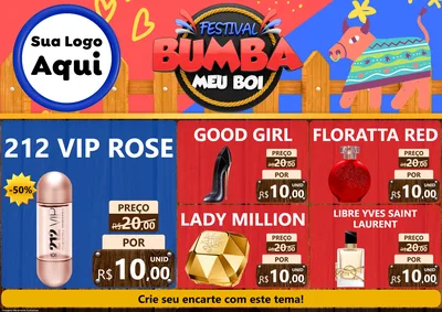 Modelo de Encarte para Encarte A4 Horizontal com o tema Festival Bumba Meu Boi para Perfumes