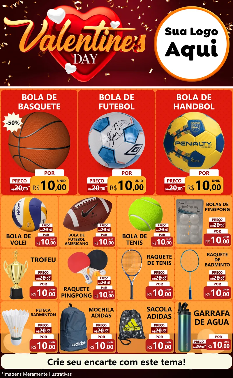 Modelo de Encarte para Encarte Grande com o tema Valentine's Day para Artigos Esportivos