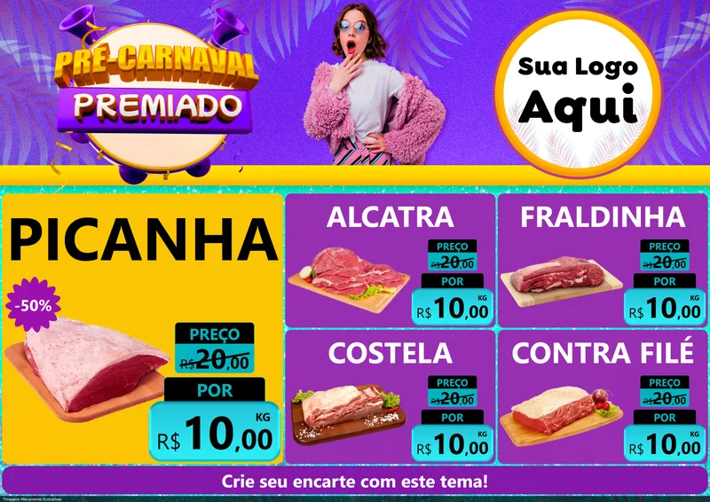 Modelo de Encarte para Encarte A4 Horizontal com o tema Pré-Carnaval Premiado para Açougue