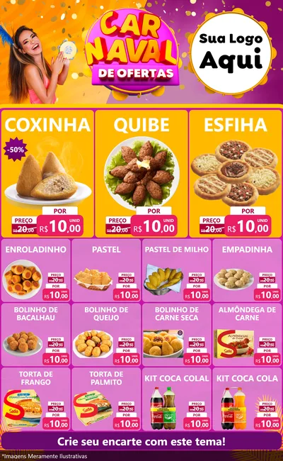 Modelo de Encarte para Encarte Grande com o tema Carnaval de Ofertas para Salgadaria