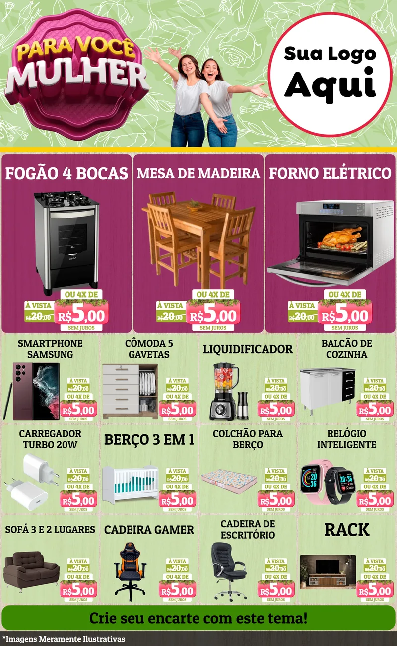 Modelo de Encarte para Encarte Grande com o tema Para Você Mulher para Móveis e Eletro