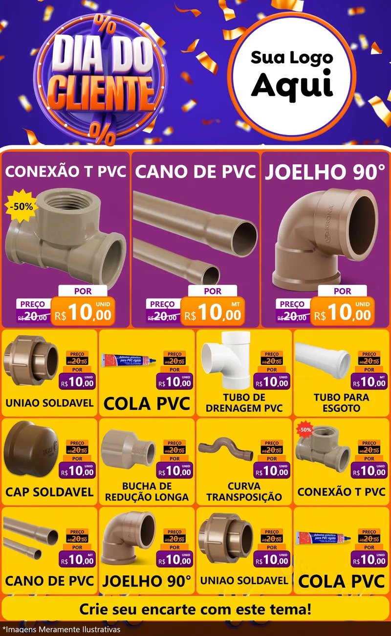Modelo de Encarte para Encarte Grande com o tema Dia do Cliente para Tubos e conexões