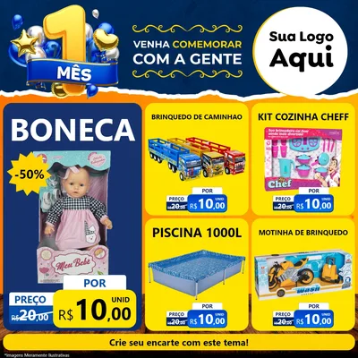 Modelo de Rede Social para Feed Facebook com o tema Um Mês de Aniversário para Brinquedos