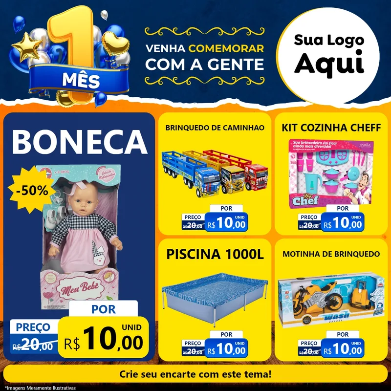 Modelo de Rede Social para Feed Facebook com o tema Um Mês de Aniversário para Brinquedos