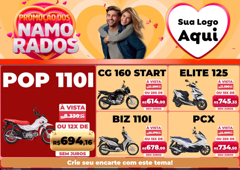 Modelo de Encarte para Encarte A4 Horizontal com o tema Promoção dos Namorados para Concessionaria de Motos