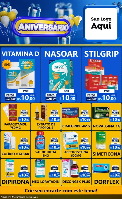 Modelo de Encarte para Encarte Grande com o tema Aniversário para Farmácia