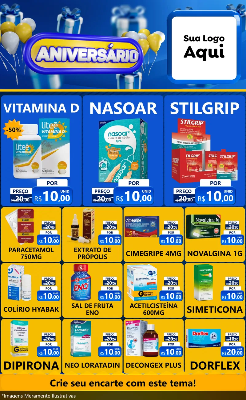 Modelo de Encarte para Encarte Grande com o tema Aniversário para Farmácia