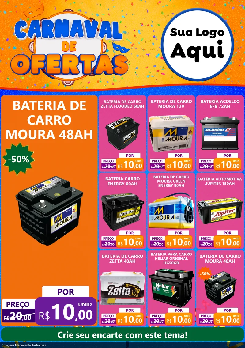 Modelo de Encarte para Encarte A4 Vertical com o tema Carnaval de Ofertas para Baterias Elétricas