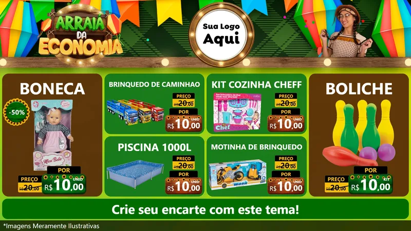 Modelo de TV para TV Horizontal com o tema Arraiá de Economia para Brinquedos
