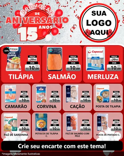 Modelo de Rede Social para Feed Instagram com o tema Promoção de Aniversário - 15 Anos para Peixaria