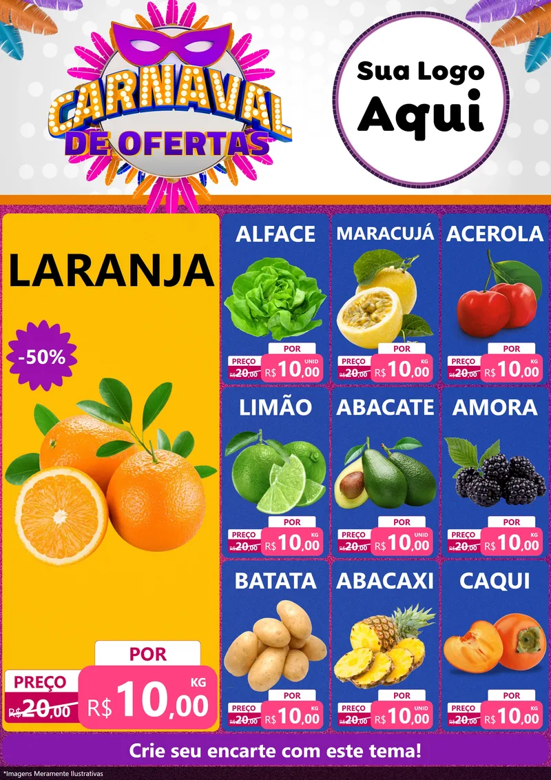 Modelo de Encarte para Encarte A4 Vertical com o tema Carnaval de Ofertas para Hortifrúti