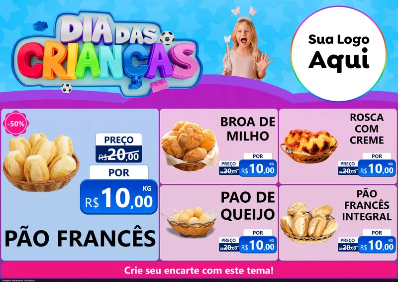 Modelo de Encarte para Encarte A4 Horizontal com o tema Dia Das Crianças para Padaria