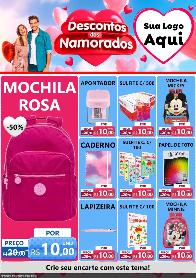 Modelo de Encarte para Encarte A4 Vertical com o tema Descontos dos Namorados para Papelaria