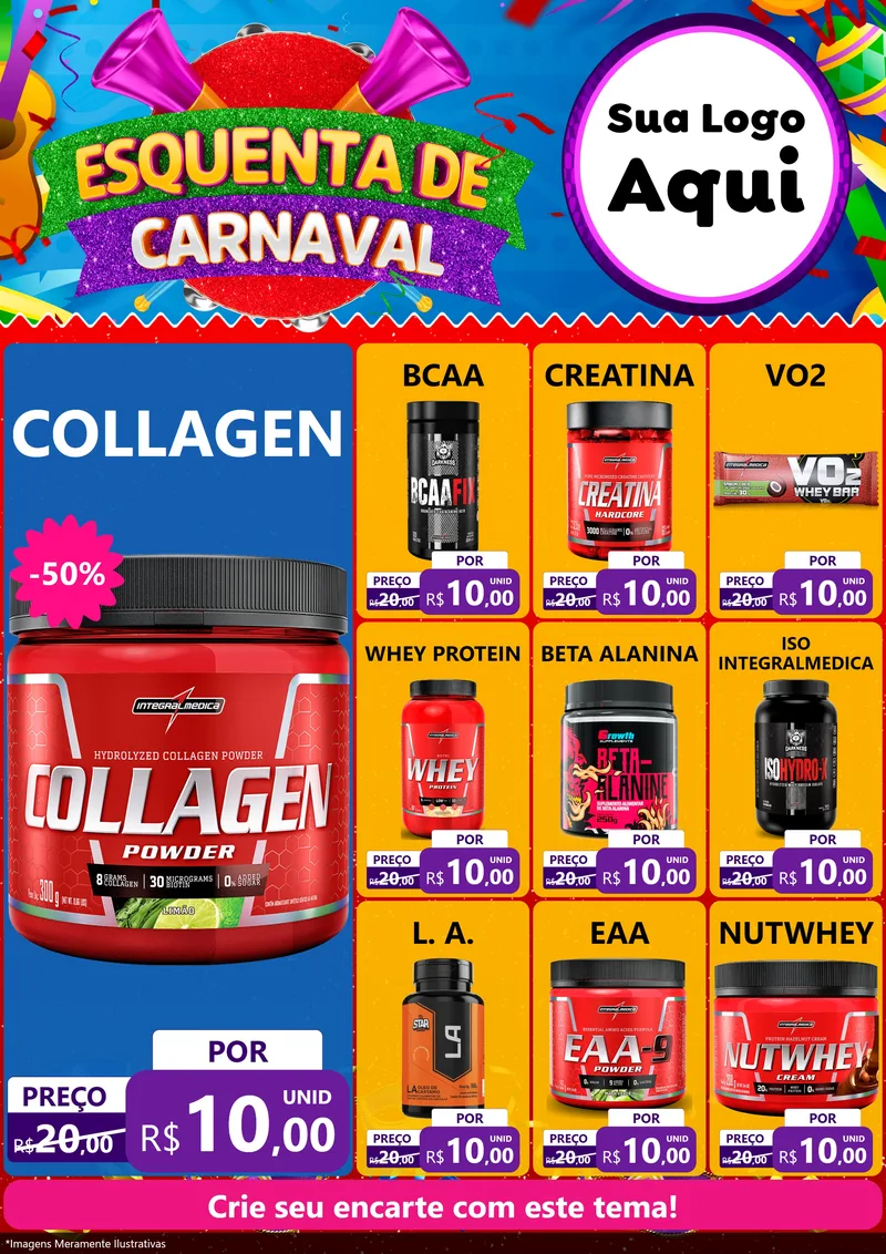Modelo de Encarte para Encarte A4 Vertical com o tema Esquenta de Carnaval para Suplementos alimentares