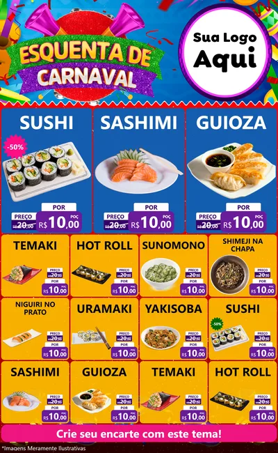 Modelo de Encarte para Encarte Grande com o tema Esquenta de Carnaval para Comida japonesa