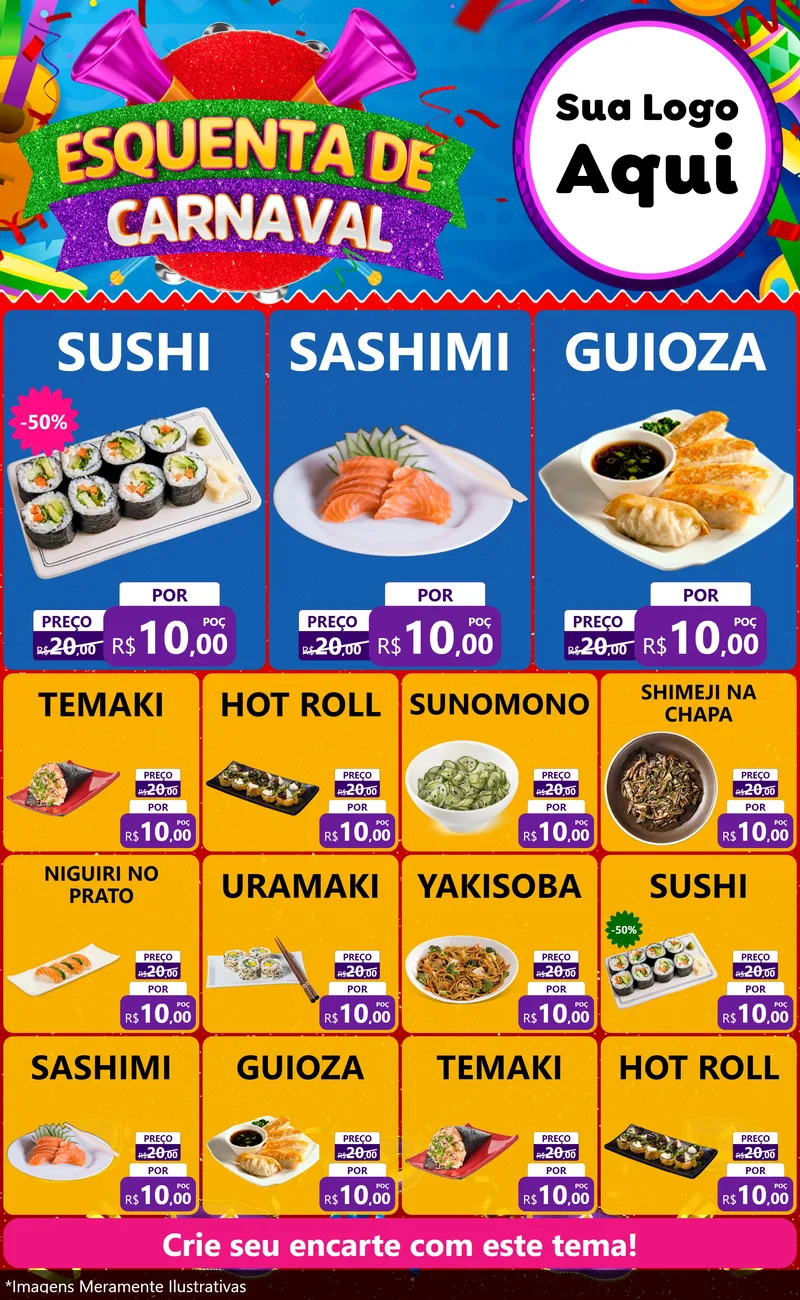 Modelo de Encarte para Encarte Grande com o tema Esquenta de Carnaval para Comida japonesa