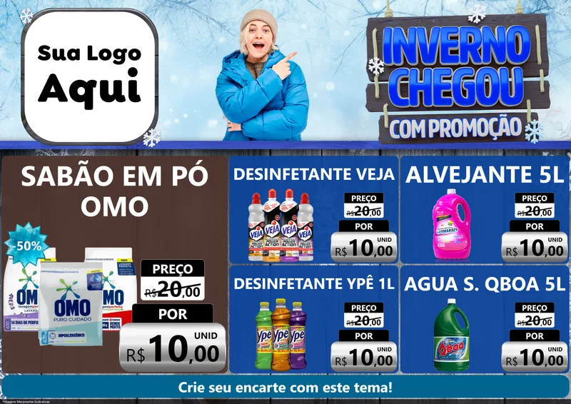 Modelo de Encarte para Encarte A4 Horizontal com o tema Inverno Chegou Com Promoção para Produtos de Limpeza