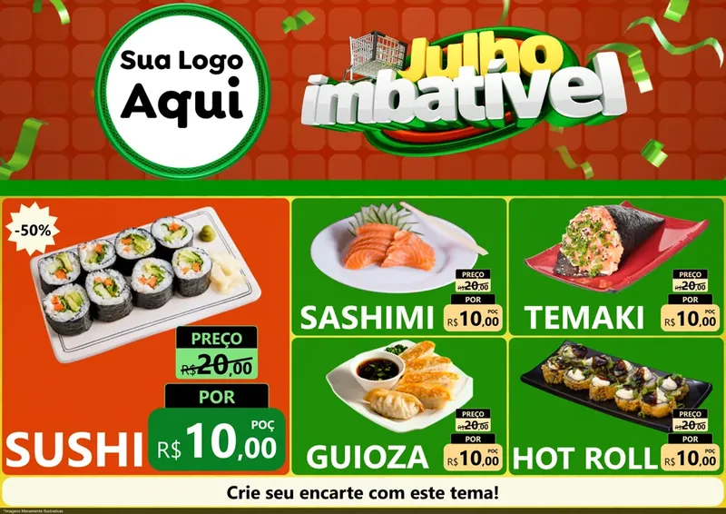 Modelo de Encarte para Encarte A4 Horizontal com o tema Julho Imbatível para Comida japonesa