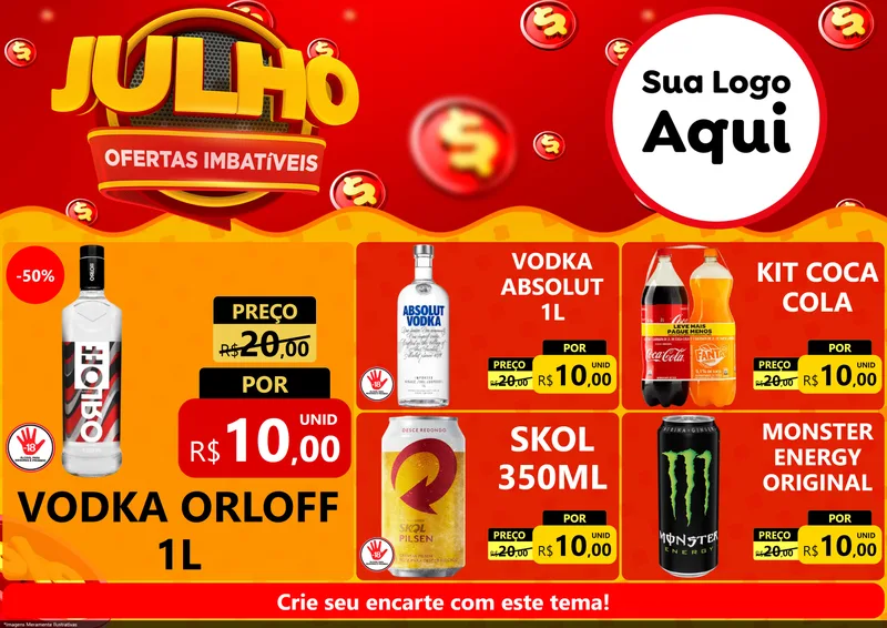 Modelo de Encarte para Encarte A4 Horizontal com o tema Julho Ofertas Imbatíveis para Distribuidora de bebidas