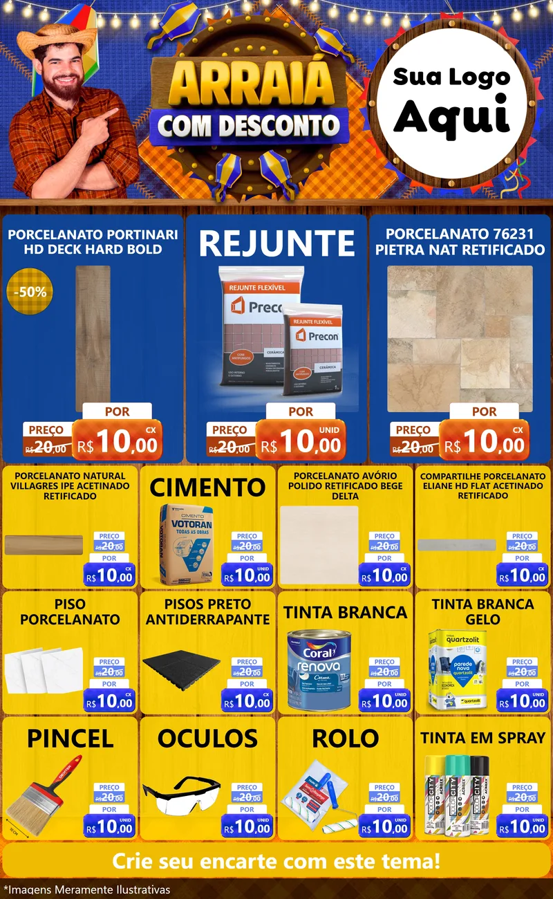 Modelo de Encarte para Encarte Grande com o tema Arraiá Com Desconto para Pisos e revestimentos